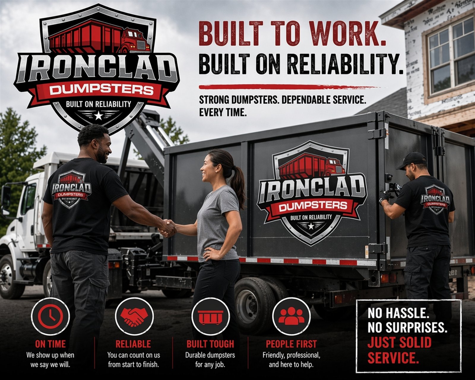 Ironclad Dumpsters team with branded truck and dumpster in Macon, GA